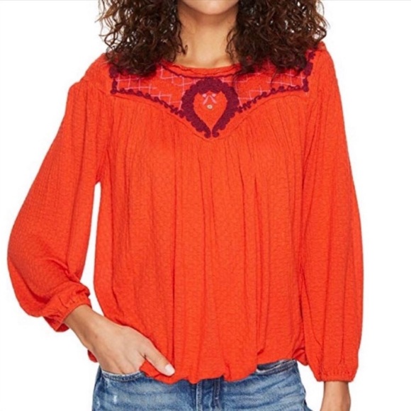 Free People Tops - NWOT‎ Free People Begonia Embroidered Boho Top Red Size Small